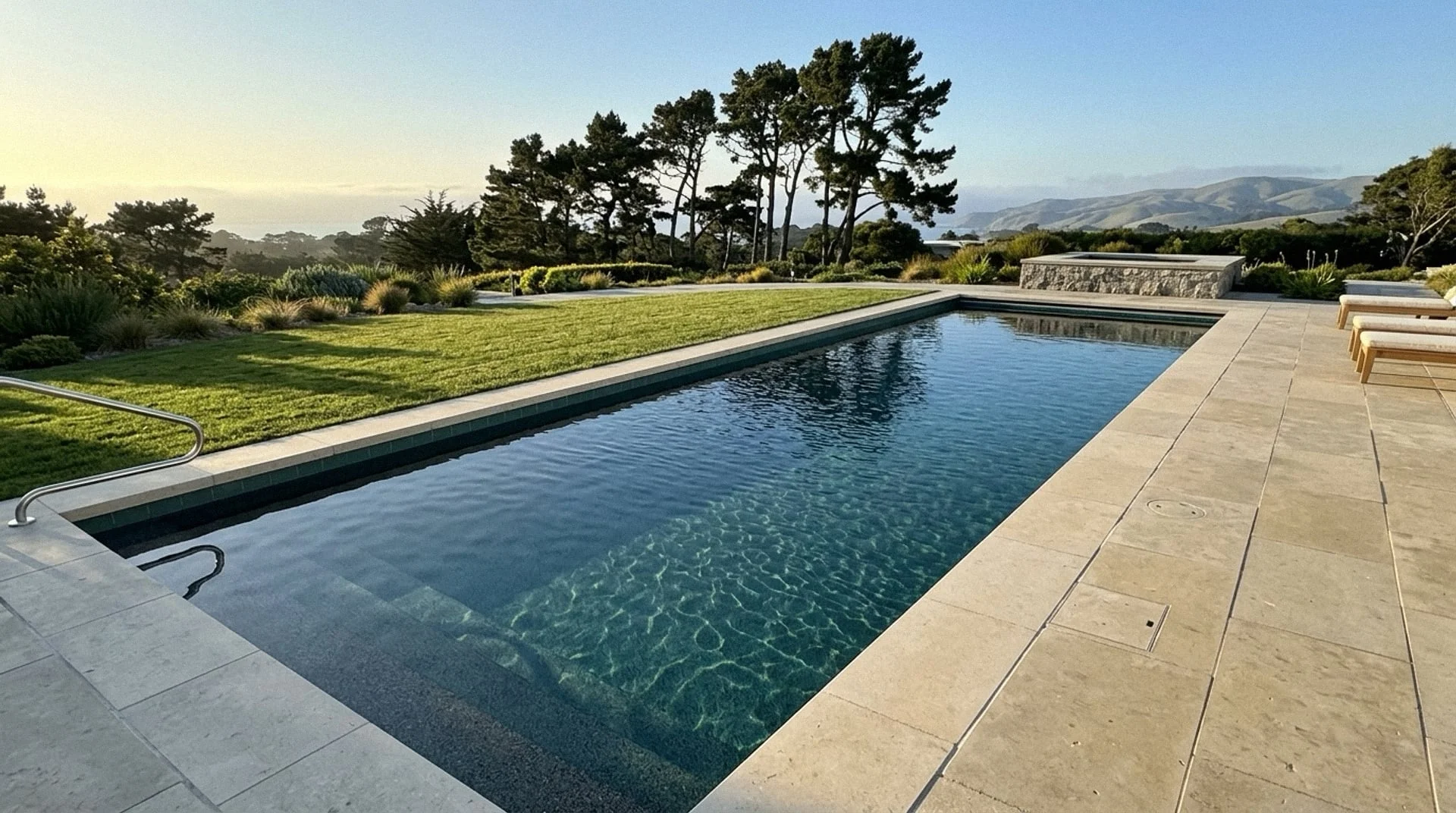 A rectangular swimming pool with a raised stone spa on a limestone deck, looking out over coastal hills at golden hour.
