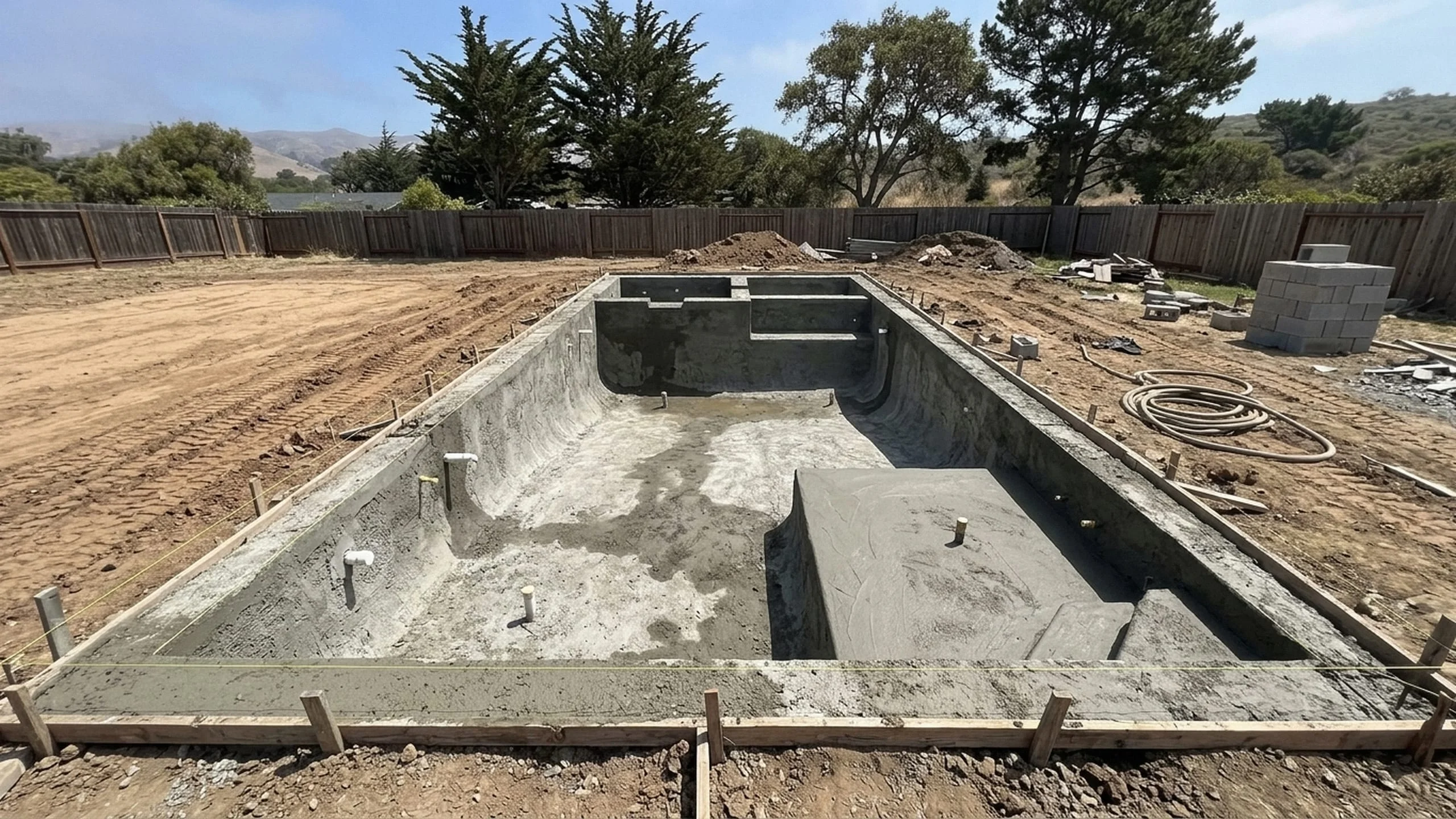 Pool under construction with its gunite shell and steel reinforcement exposed before finishing.